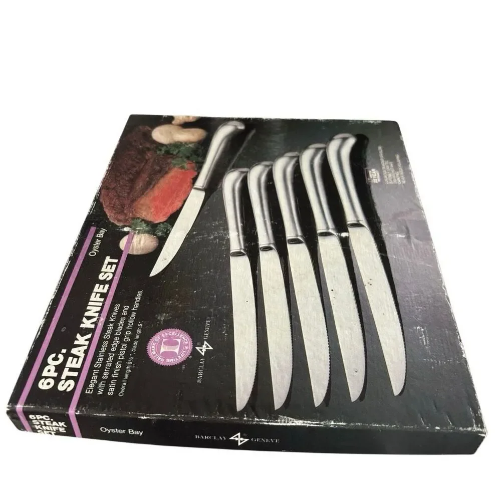 Vintage Barclay Geneve Oyster Bay 6 Pc Steak Knife Set Pistol Grip